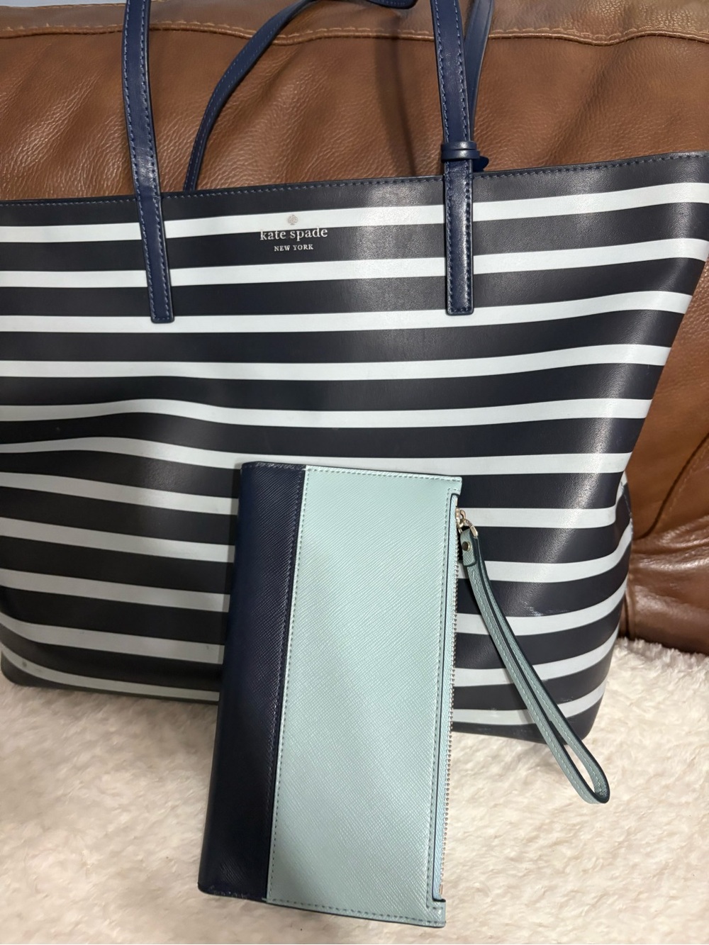 Kate Spade Navy and Light Blue Striped Tote with Matching Two-Tone Wristlet